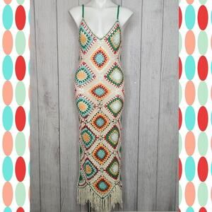 Revel Multi-Color Diamond Crochet Maxi Dress With Side Slit & Fringe Hem, sz L
